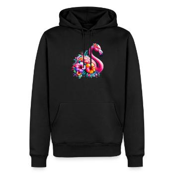 Flamant rose décoré de fleurs d’hibiscus - Sweat à capuche Premium bio Homme - noir - Devant - Nico (187cm)
