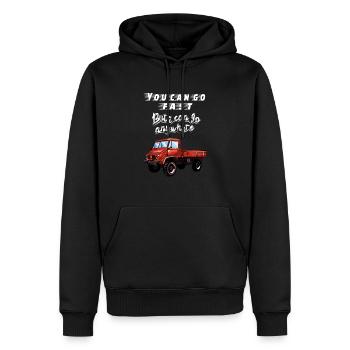 You can go faster, but I can go ANYWHERE! Unimog - Männer Premium Bio Hoodie - Schwarz - Vorne - Nico (187cm)