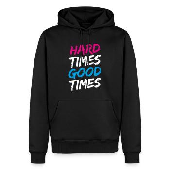 "Hard Times Good Times" in pink, weiß und blau - Männer Premium Bio Hoodie - Schwarz - Vorne - Nico (187cm)