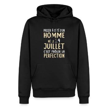 Anniversaire - Né le 14 Juillet Frôler perfection - Sweat à capuche Premium bio Homme - noir - Devant - Nico (187cm)