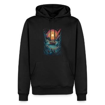 Surrealistische Kanu Gruppe im Universum Sonne - Männer Premium Bio Hoodie - Schwarz - Vorne - Nico (187cm)