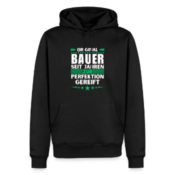 Zur Perfektion gereifter Bauer - Männer Premium Bio Hoodie - Schwarz - Vorne - Nico (187cm)