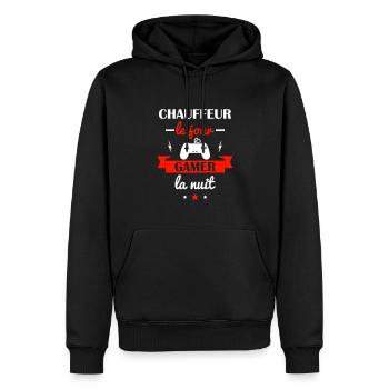 chauffeur le jour, gamer la nuit, cadeau chauffeur - Sweat à capuche Premium bio Homme - noir - Devant - Nico (187cm)