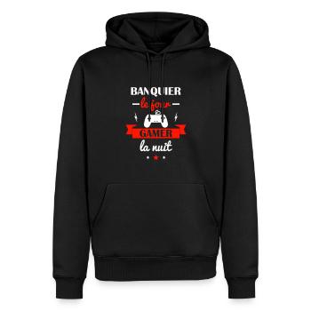 Banquier le jour, gamer la nuit - Sweat à capuche Premium bio Homme - noir - Devant - Nico (187cm)