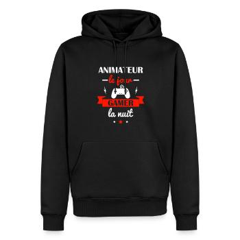 Animateur le jour gamer la nuit,cadeau animateur - Sweat à capuche Premium bio Homme - noir - Devant - Nico (187cm)
