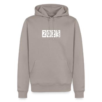 Year 2022 to 2023 - Men’s Premium Organic Hoodie - taupe - Front - Nico (187cm)