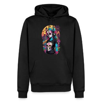 Sugar Skull Girl with Colourful Hair and Cityscape - Men’s Premium Organic Hoodie - black - Front - Nico (187cm)