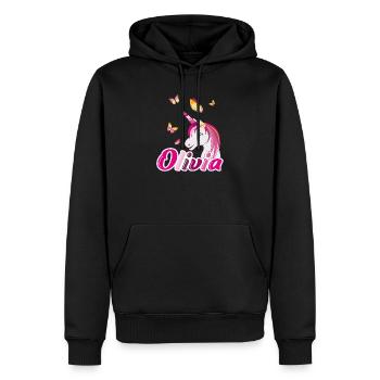 Olivia Licorne aux papillons - Sweat à capuche Premium bio Homme - noir - Devant - Nico (187cm)