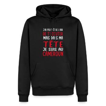 Dans ma tête je suis au Cameroun - Cadeau humour - Sweat à capuche Premium bio Homme - noir - Devant - Nico (187cm)