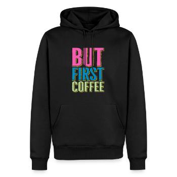 Mais d’abord Café - Dicton amateur de café rétro - Sweat à capuche Premium bio Homme - noir - Devant - Nico (187cm)