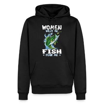 Frauen wollen mich, Fische, fürchten mich - Männer Premium Bio Hoodie - Schwarz - Vorne - Nico (187cm)