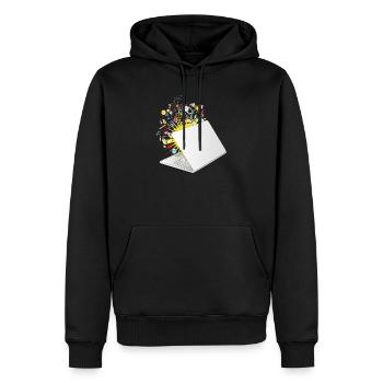 Un ordinateur portable à moitié ouvert avec beaucoup de symboles - Sweat à capuche Premium bio Homme - noir - Devant - Nico (187cm)
