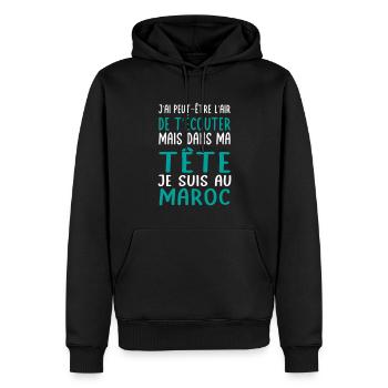 Dans ma tête je suis au Maroc - Cadeau humour - Sweat à capuche Premium bio Homme - noir - Devant - Nico (187cm)