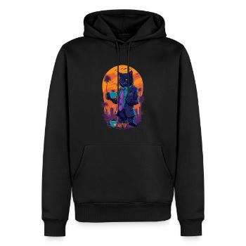 Illustration des années 80 d’un chat avec une tasse de café - Sweat à capuche Premium bio Homme - noir - Devant - Nico (187cm)