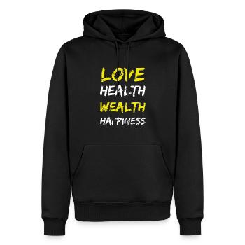 love health wealth happiness - Men’s Premium Organic Hoodie - black - Front - Nico (187cm)