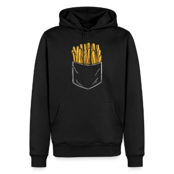 Pommes Frites in Brusttasche Logo Pommes Fritten G - Männer Premium Bio Hoodie - Schwarz - Vorne - Nico (187cm)