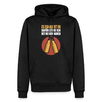 Es eskaliert eh, dafür steh ich mit meinem Namen - Männer Premium Bio Hoodie - Schwarz - Vorne - Nico (187cm)