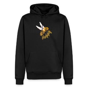 gelber Happy Schriftzug mit handgezeichneter Biene - Männer Premium Bio Hoodie - Schwarz - Vorne - Nico (187cm)