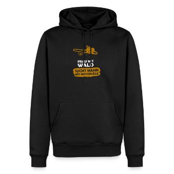 Frau mit Wald, sucht Mann mit Motorsäge - Männer Premium Bio Hoodie - Schwarz - Vorne - Nico (187cm)