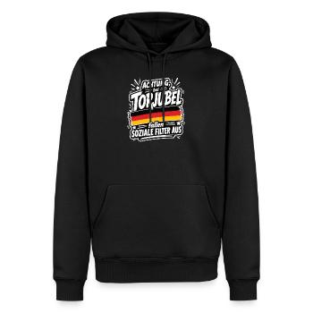 Achtung, bei Torjubel fallen soziale Filter aus - Männer Premium Bio Hoodie - Schwarz - Vorne - Nico (187cm)