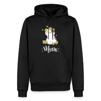 Chat mignon kawaii drôle avec des tournesols disant miaulement - Sweat à capuche Premium bio Homme - noir - Devant - Nico (187cm)