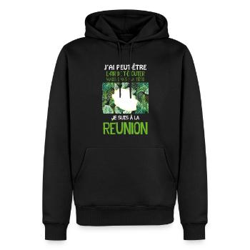 Humour message La Reunion Dans Ma Tête - Sweat à capuche Premium bio Homme - noir - Devant - Nico (187cm)