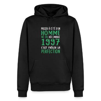 Anniversaire 25 ans - Né en Décembre 1997 - Sweat à capuche Premium bio Homme - noir - Devant - Nico (187cm)