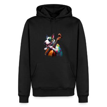 Bull terrier anglais jouant une basse jazz acoustique - Sweat à capuche Premium bio Homme - noir - Devant - Nico (187cm)