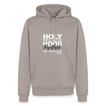 Holy with a hint funny quote hood Bet - Men’s Premium Organic Hoodie - taupe - Front - Nico (187cm)