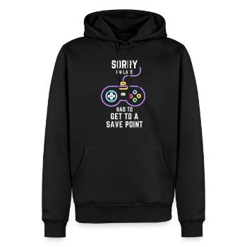 SORRY, I'M LATE! HAD TO GET TO A SAVE POINT - Männer Premium Bio Hoodie - Schwarz - Vorne - Nico (187cm)