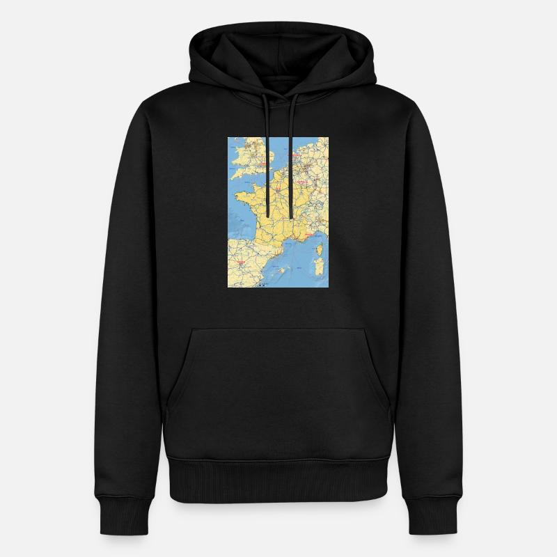 Frankrig kort med byer, veje, floder, søer - Herre Premium økologisk hoodie - sort