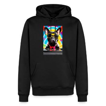 cute black french bulldog mixing on a dj pult - Männer Premium Bio Hoodie - Schwarz - Vorne - Nico (187cm)