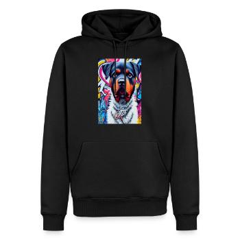 Chien rottweiler en manteau de fourrure devant les graffitis |Pop Art - Sweat à capuche Premium bio Homme - noir - Devant - Nico (187cm)