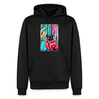Pop-Art | Süßer Mops im roten Pelzmantel - Männer Premium Bio Hoodie - Schwarz - Vorne - Nico (187cm)