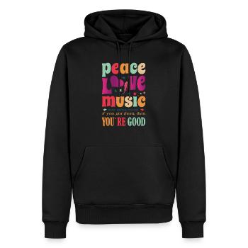 Hippie drôle rime paix, amour, musique, nourriture - Sweat à capuche Premium bio Homme - noir - Devant - Nico (187cm)