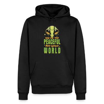 Alien Extraterrestrial - We Are Too Peaceful - Men’s Premium Organic Hoodie - black - Front - Nico (187cm)