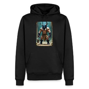 Minotaur, massive bull-headed warrior gripping axe - Men’s Premium Organic Hoodie - black - Front - Nico (187cm)