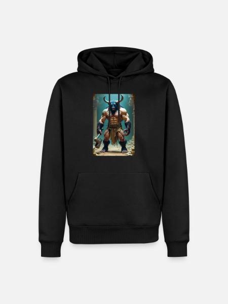 Minotaur, massive bull-headed warrior gripping axe - Men’s Premium Organic Hoodie - black