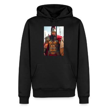 Ares, gepanzerter Kriegsgott mit purpurrotem Umhang - Männer Premium Bio Hoodie - Schwarz - Vorne - Nico (187cm)