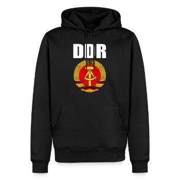 DDR Wappen mit weisser Schrift - Männer Premium Bio Hoodie - Schwarz - Vorne - Nico (187cm)