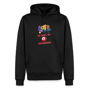 LOTO - BINGO - 4 - LA MAIN DU MENUISIER - Sweat à capuche Premium bio Homme - noir - Devant - Nico (187cm)