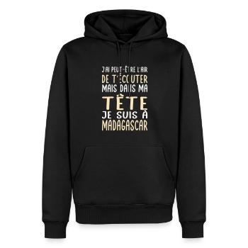 Dans ma tête je suis à Madagascar - Cadeau humour - Sweat à capuche Premium bio Homme - noir - Devant - Nico (187cm)
