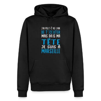 Dans ma tête je suis à Marseille - Cadeau humour - Sweat à capuche Premium bio Homme - noir - Devant - Nico (187cm)