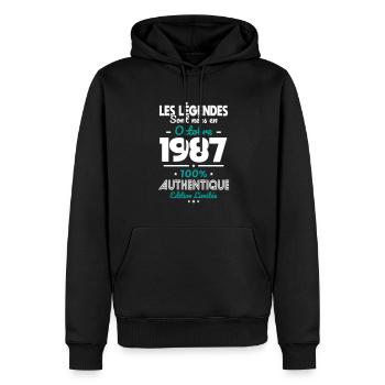 Anniversaire 35 ans - Légendes nées Octobre 1987 - Sweat à capuche Premium bio Homme - noir - Devant - Nico (187cm)