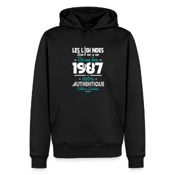 Anniversaire 35 ans - Légendes nées Décembre 1987 - Sweat à capuche Premium bio Homme - noir - Devant - Nico (187cm)