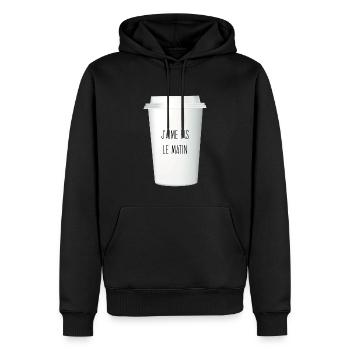 J’aime pas le matin / ado / café - Sweat à capuche Premium bio Homme - noir - Devant - Nico (187cm)