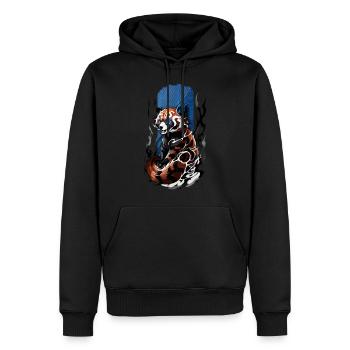 Rätselhafte Ausstrahlung: Roter Panda mit blauen Augen - Männer Premium Bio Hoodie - Schwarz - Vorne - Nico (187cm)