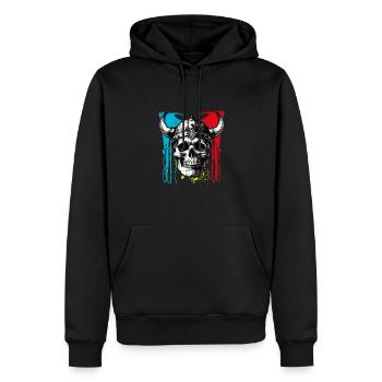 Skull mit Helm und Hörnern auf Farbklecksen - Männer Premium Bio Hoodie - Schwarz - Vorne - Nico (187cm)