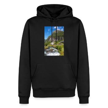Geiranger panorama view from Storseterfossen - Männer Premium Bio Hoodie - Schwarz - Vorne - Nico (187cm)