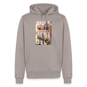 Catania; Sizilien - Männer Premium Bio Hoodie - Taupe - Vorne - Nico (187cm)